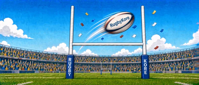 RugbyKore: a rugby ball flying between the posts in a packed stadium
